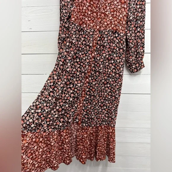 Zara • NEW • BROWN MAROON RED FLORAL PRINT BUTTONED LOOSE FIT MIDI DRESS • SMALL - Picture 7 of 11